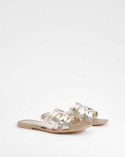 Boohoo Wide Fit Leather Caged Mules - Metallic
