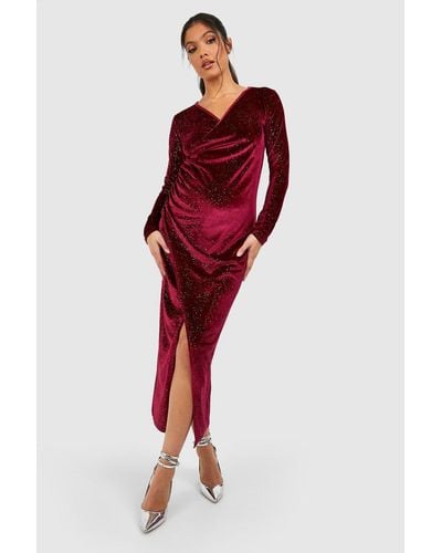 Boohoo Maternity Wrap Over Velvet Midaxi Dress - Red
