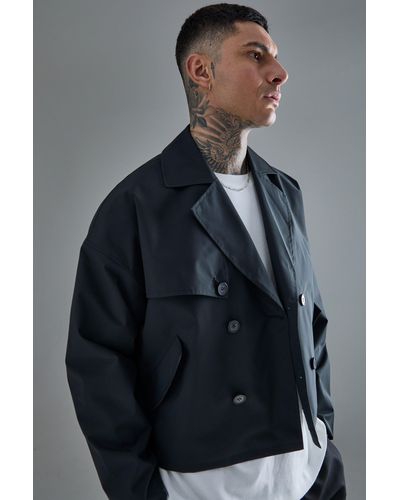 BoohooMAN Tall Cropped Double Breasted Trench Coat - Gray