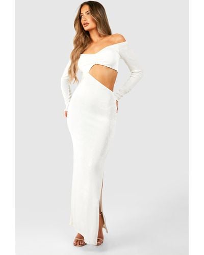 Boohoo Bardot Ruched Acetate Slinky Split Leg Maxi Dress - White