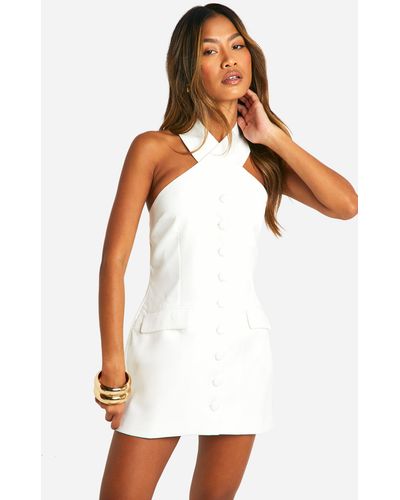 Boohoo Halterneck Tailored Micro Mini Dress - White