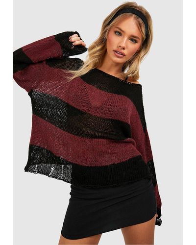 Boohoo Soft Knit Distressed Slouchy Stripe Sweater - Red