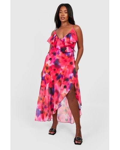 Boohoo Plus Floral Cold Shoulder Ruffle Maxi Dress - Red