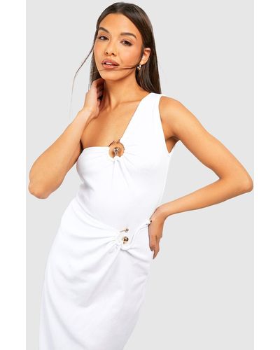 Boohoo Ribbed Gold Trim One Shoulder One Piece - White