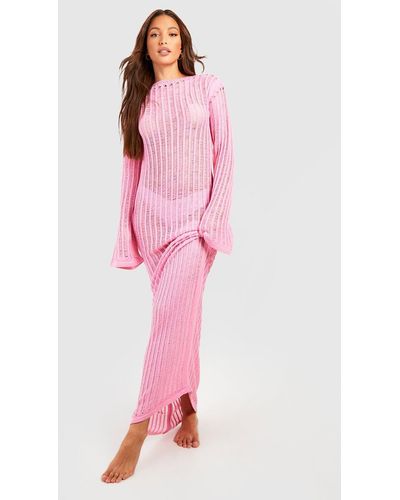 Boohoo Tall Laddered Knit Maxi Beach Dress - Pink
