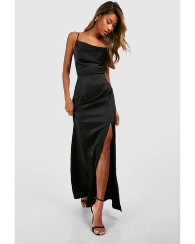 Boohoo Satin Slip Side Split Maxi Dress - Black