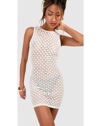 Boohoo Chunky Crochet Scoop Back Mini Dress - White