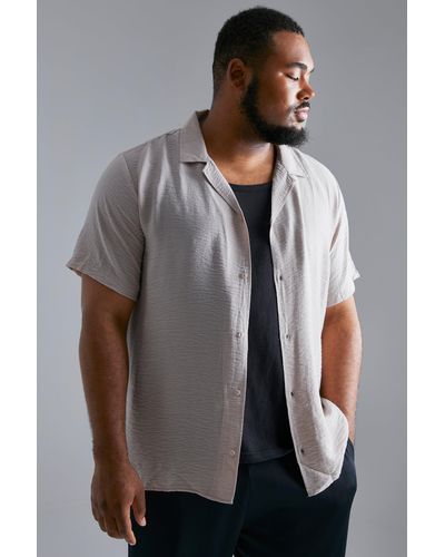 BoohooMAN Plus Short Sleeve Seersucker Revere Shirt - Grey