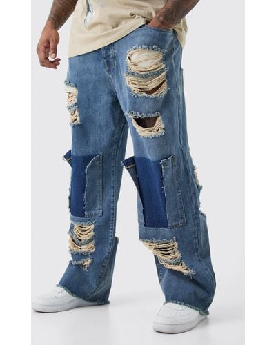 Boohoo Plus Relaxed Rigid Distressed Jeans - Azul