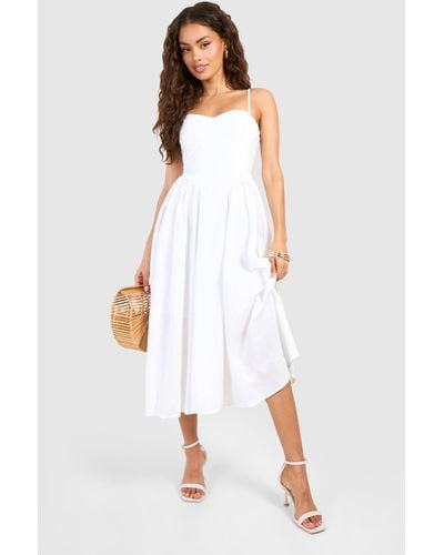 Boohoo Linen Milkmaid Midi Dress - White