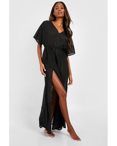 Boohoo Vestido Maxi Para La Playa Estilo Caftán Efecto Lino Con Atadura En La Cintura - Negro