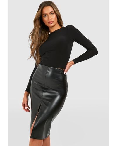 Boohoo Leather Look Split Midi Skirt - Black