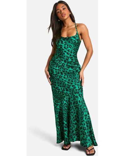 Boohoo Leopard Print Tie Back Ruffle Hem Maxi Dress - Green