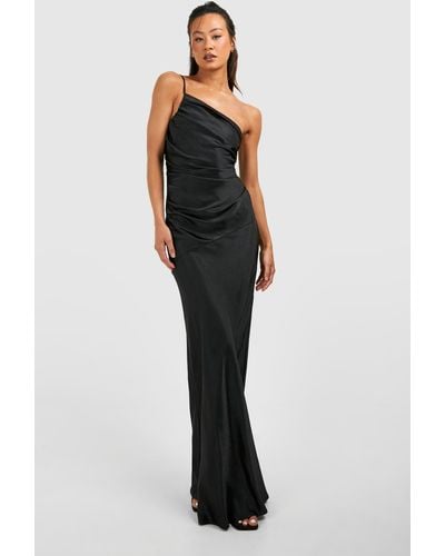 Boohoo Tall Bridesmaid Satin Strappy Asymmetric Maxi Dress - Black