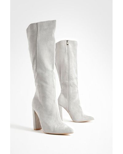 Boohoo Wide Fit Pointed Knee High Heeled Boots - White