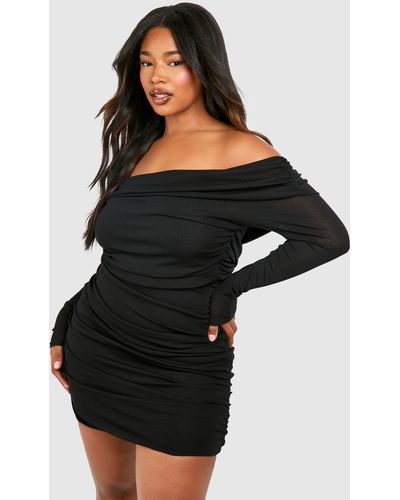 Boohoo Plus Bardot Sheer Double Layer Bodycon Dress - Black