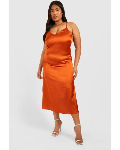 Boohoo Plus Satin V Neck Split Midi Dress - Orange