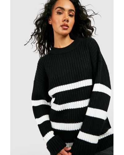 Boohoo Stripe Boxy Knitted Sweater - Black