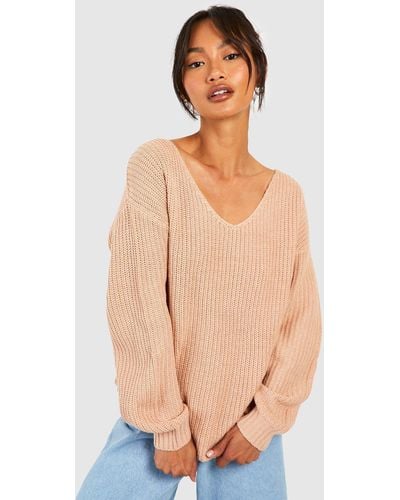Boohoo Oversized V Neck Sweater - Natural