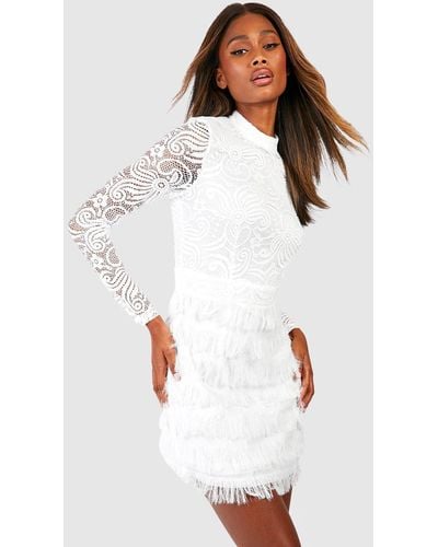 Boohoo Lace Fringe High Neck Mini Dress - White