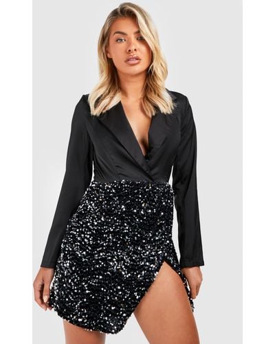 Boohoo Velvet Sequin Contrast Blazer Party Dress - Black