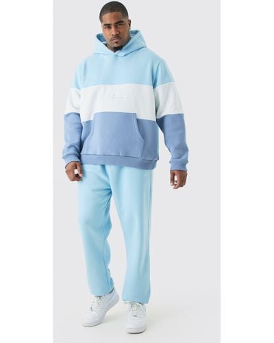 Boohoo Plus Color Block Hooded Tracksuit In Light Blue