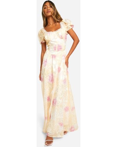 Boohoo Floral Jacquard Puff Sleeve Milkmaid Maxi Dress - Natural