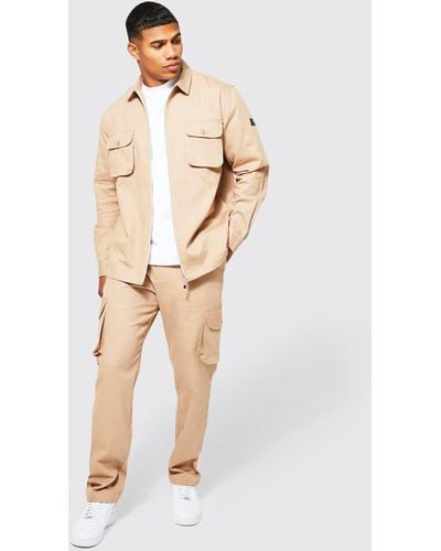 BoohooMAN Cargo Zip Shirt And Trouser Set - Natural