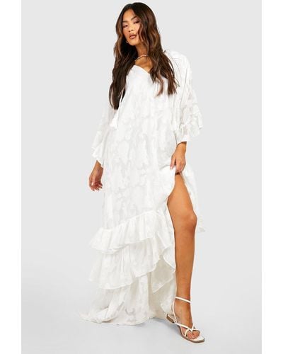 Boohoo Textured Chiffon Ruffle Detail Maxi Dress - White