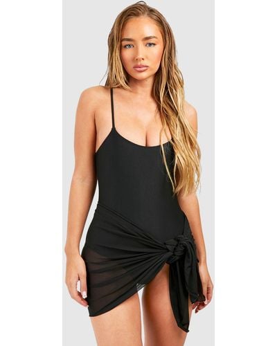 Boohoo 2 Piece Set Strappy Bathing Suit & Tie Knot Sarong - Black