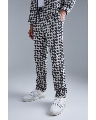 BoohooMAN Elastic Waist Brushed Houndstooth Straight Trouser - Blue