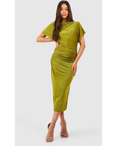Boohoo High Neck Ruched Acetate Slinky Midaxi Dress - Yellow