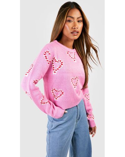 Boohoo Heart Candy Cane Crop Christmas Sweater - Pink