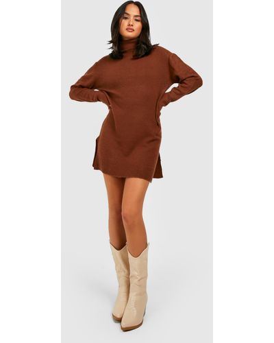 Boohoo Roll Neck Oversized Sweater Dress - Brown
