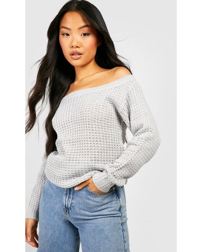Boohoo Petite Waffle Knit Off The Shoulder Sweater - Grey