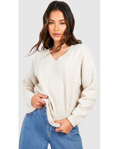 Boohoo Cable Soft Knit Oversized V Neck Sweater - White