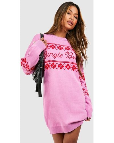 Boohoo Jingle Bells Slogan Christmas Sweater Dress - Pink