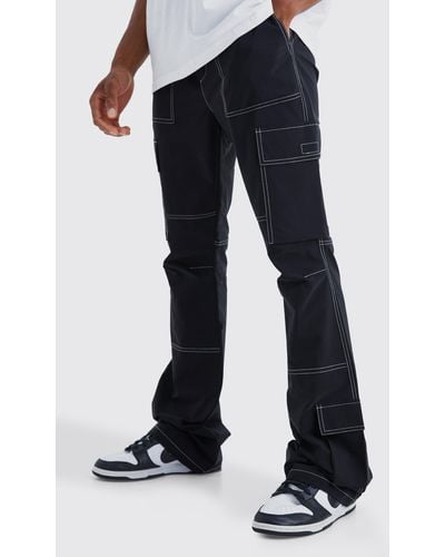 BoohooMAN Elasticated Waist Slim Flare Contrast Stitch Cargo Trouser - Black