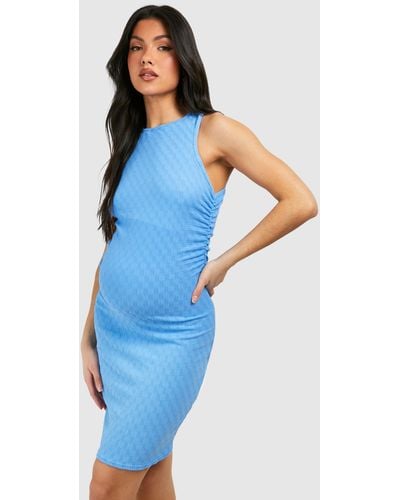 Boohoo Maternity Racer Neck Textured Ruched Side Mini Dress - Blue