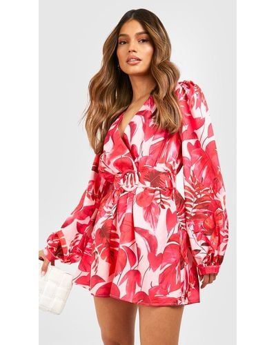 Boohoo Printed Wrap Over Romper - Red