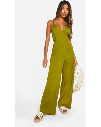 Boohoo Linen Strappy Ring Detail Jumpsuit - Green
