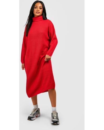 Boohoo Roll Neck Midaxi Sweater Dress - Red