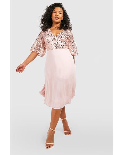 Boohoo Plus Occasion Sequin Angel Sleeve Midi Dress - Pink