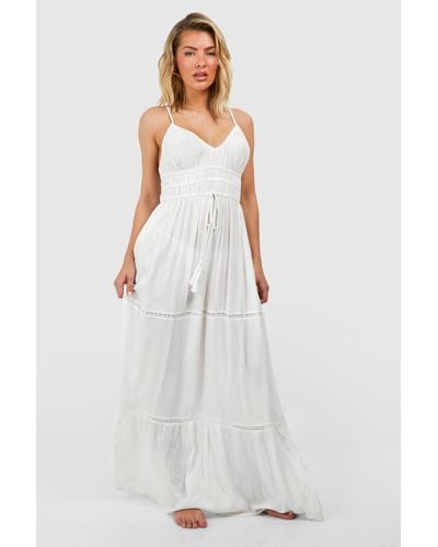 Boohoo Crinkle Tassel Detail Beach Maxi Dress - White