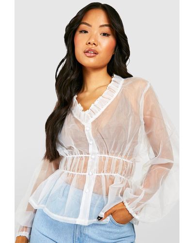 Boohoo Petite Organza Ruched Detail Blouse - White