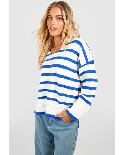 Boohoo Slouchy Stripe Sweater - Blue