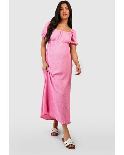 Boohoo Maternity Textured Puff Sleeve Midi Dress - Pink