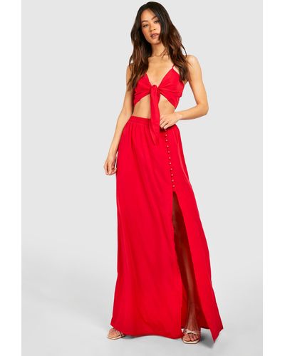 Boohoo Tall Tie Front Top And Maxi Skirt Co-ord - Red