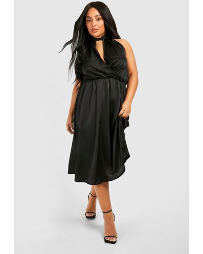 Boohoo Plus Satin Halter Neck Skater Dress - Black