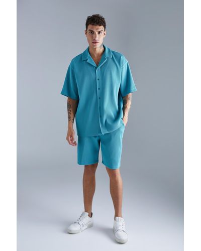 BoohooMAN Short Sleeve Oversized Pleated Shirt & Short Set - Blue